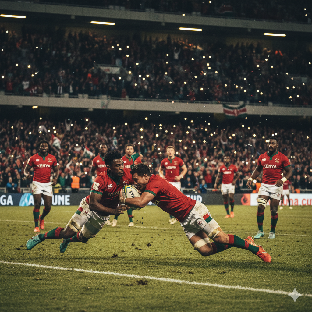 Rugby action and stadium atmosphere